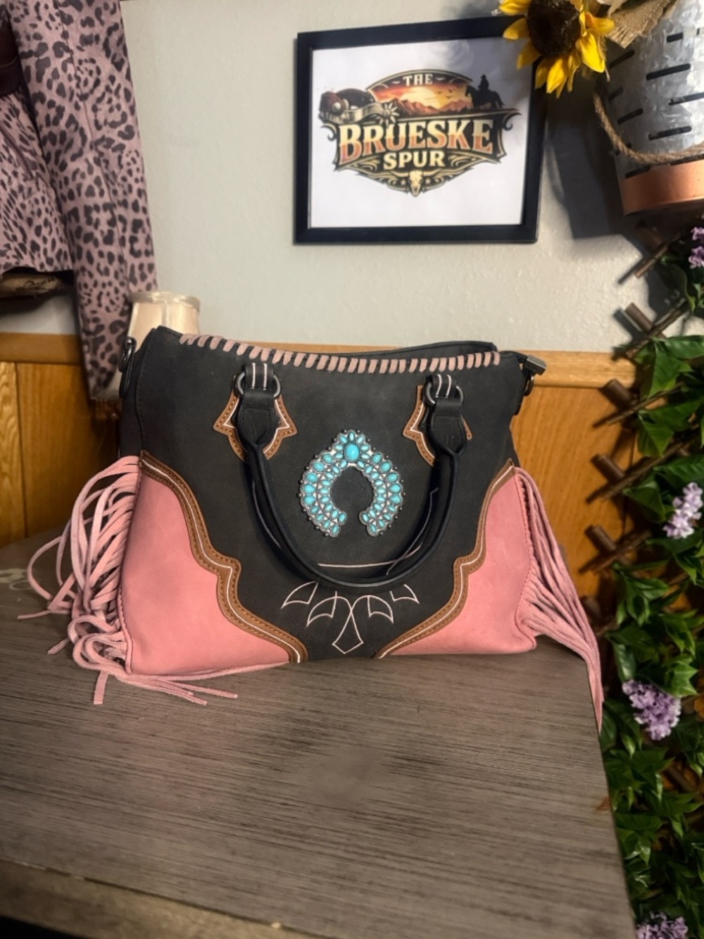 Montana West Black and Pink Fringe Shoulder Bag with Turquoise Stone Accent